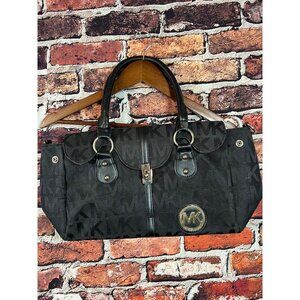Michael Kors Black Monogram Signature Tote Bag With Logo Patch & Leather Handles